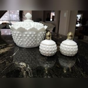 Antique Milk Glass Salt & Pepper Shakers, Sugar Bowl Set